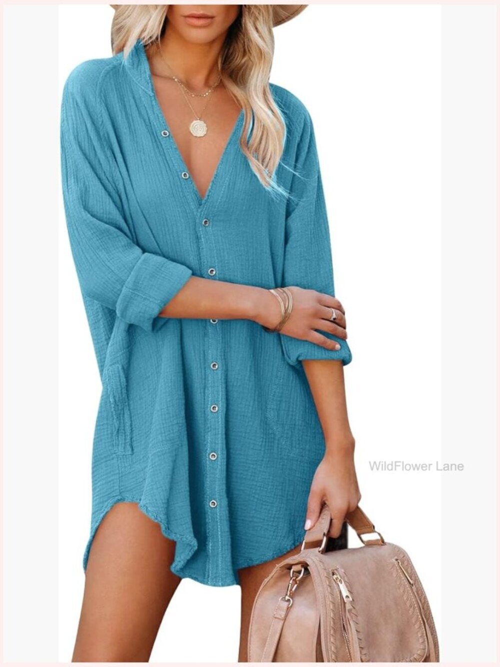 Oversized Long Sleeve Button Down Tunic Blouse with Pockets